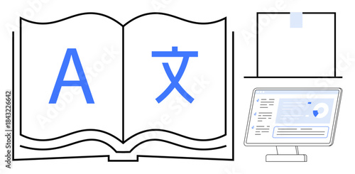 Global communication, multilingual services, language learning, digital platforms, translation software, education tool. Open book with language symbols and a computer screen. Global communication