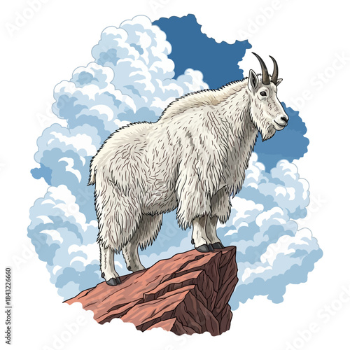 Mountain goat standing on a cliff with dramatic clouds in a detailed vector illustration