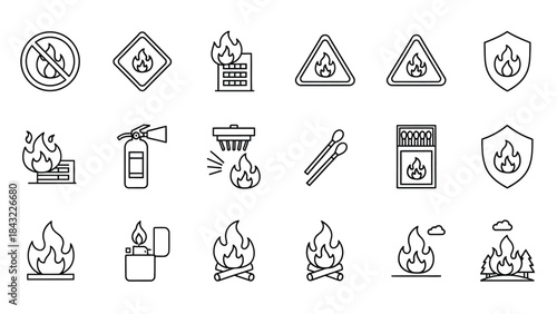 Set of black line fire safety, prevention, and hazard icons