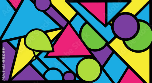 Colorful Abstract Geometric Composition with Triangles, Circles, and Other Shapes.