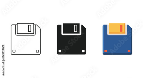 Floppy disk icons in different styles and colors