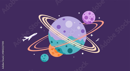 Colorful Cartoon Planets with Rings and Spaceship in Space.