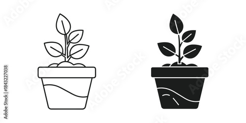 Sprout in a pot icon set, line and solid style, growth concept