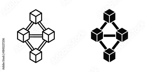 Blockchain structure icon with four connected cubes in line art and solid fill styles