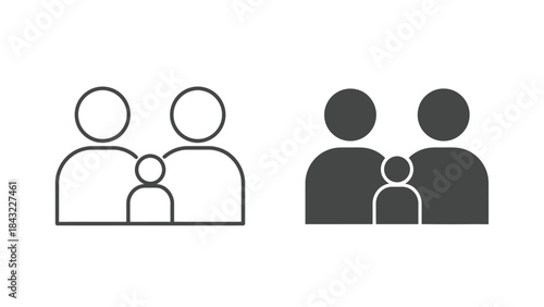 Family icon set showing two adults and one child in outline and solid styles
