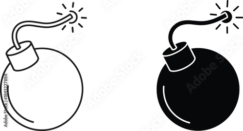 Set of two vector bomb icons in outline and silhouette styles representing danger, explosion, weapon and military destruction concepts