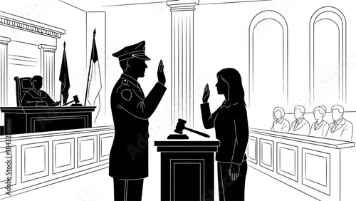 Witness taking oath in courtroom with judge and jury present illustration
