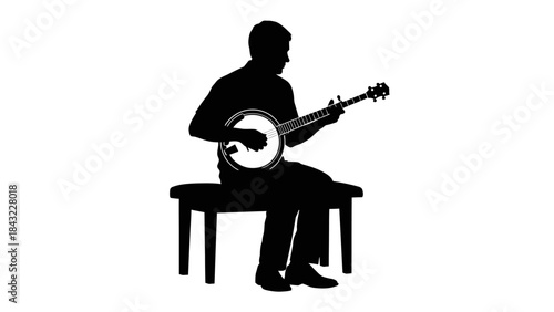 Man Sitting on Bench Playing Banjo in Serene Environment
