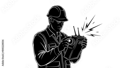 A worker in a hard hat holding an exploding device