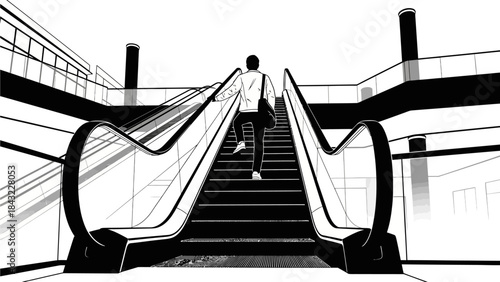 A person ascending a staircase beside an escalator in a modern building with sleek architecture