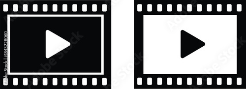 Set of two vector film strip icons with play button representing cinema movie, video media player and entertainment industry production