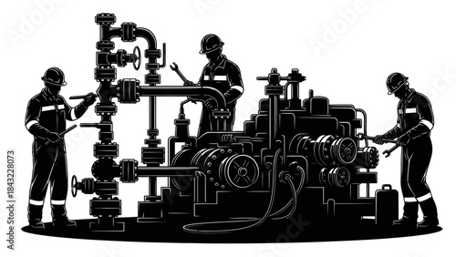 Workers Maintaining Complex Industrial Machinery at an Oil Refinery