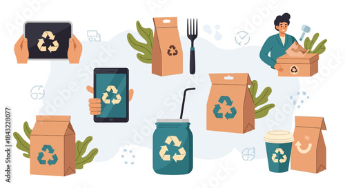 Eco-Friendly Packaging and Recycling Concept Illustration with Recycle Symbol.