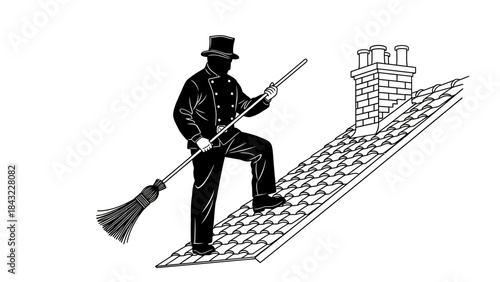 A chimney sweep in a top hat stands on a tiled roof holding a broom near a brick chimney stack
