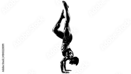 A woman performs a handstand against a white background in a stark black and white illustration