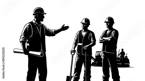 Construction workers discussing project details on site with supervisor gesturing