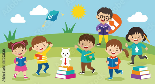 Enthusiastic Children Enjoying Reading Books Outdoors with a Cute Cat.