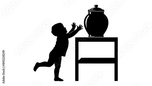 A child running to touch a large jar on a table