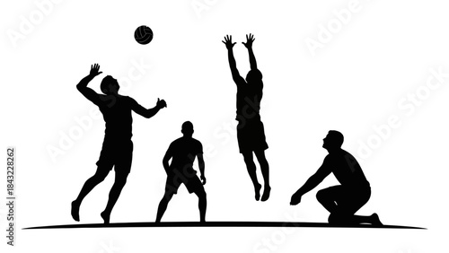 Men playing volleyball on a court with dramatic silhouettes