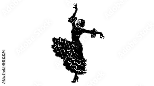 Woman dancing flamenco in a dynamic pose with flowing skirt
