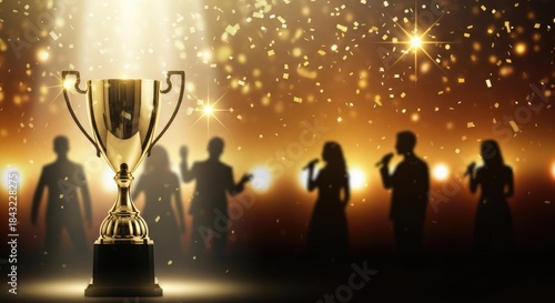 A golden trophy cup with a black base, surrounded by a golden confetti shower, against a blurred background of a stage with silhouettes of performers and a spotlight.