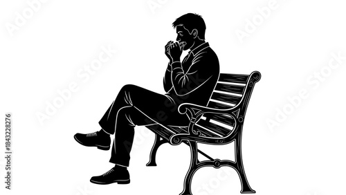 A man sitting on a bench lost in thought in a serene outdoor setting