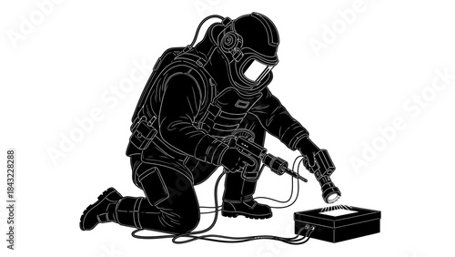 Bomb disposal expert kneeling to defuse explosive device using electronic control equipment