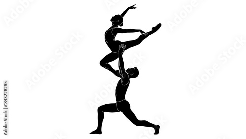 Dancers performing acrobatic stunt in silhouette against a white background