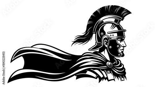 A black and white illustration of a Roman warrior wearing a helmet and cape, facing right
