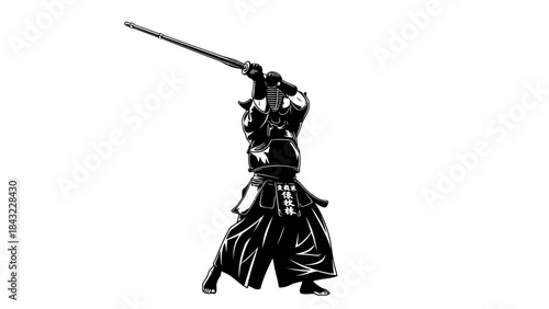 Samurai warrior standing with sword raised in a powerful stance against a white background