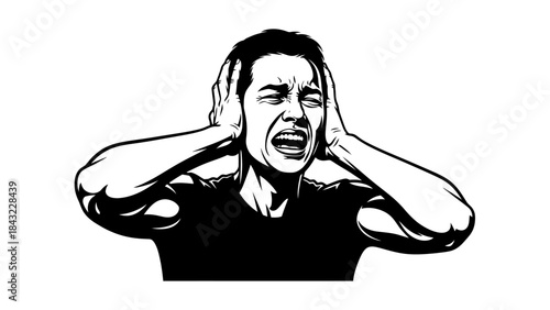 A woman covering her ears with her hands in frustration or discomfort