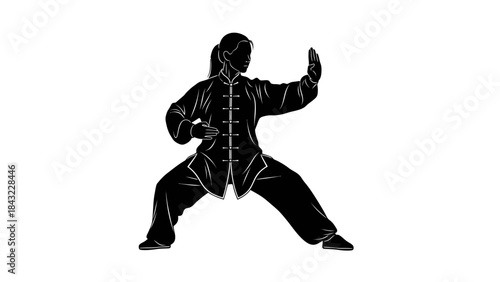 Martial artist performing a dynamic stance in a traditional uniform