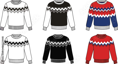Set of vector knitted sweaters with Nordic geometric patterns isolated on white background for winter fashion clothing design