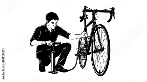 Man inflating bicycle tire with a hand pump in a simple illustration