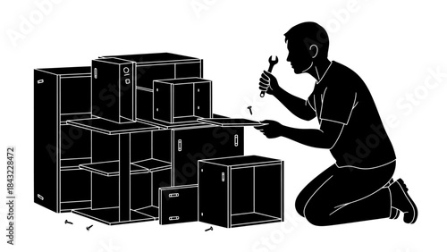 Man assembling storage units in a minimalist environment