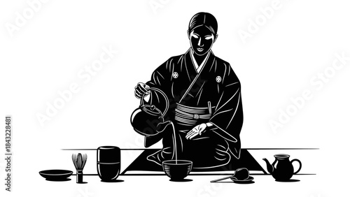 Serene Japanese Tea Ceremony Illustration with Man in Traditional Attire Preparing Tea