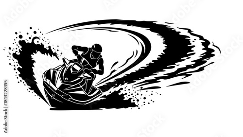 A person riding a jet ski at high speed, creating a large splash in the water, captured from a dynamic viewpoint.