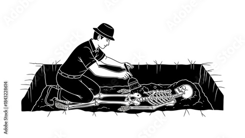 Man working on a skeleton in a trench with careful illustration