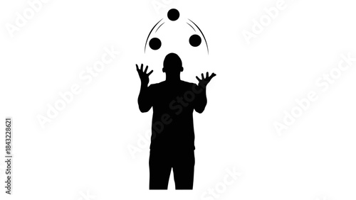 Man juggling balls in a simple silhouette against a white background