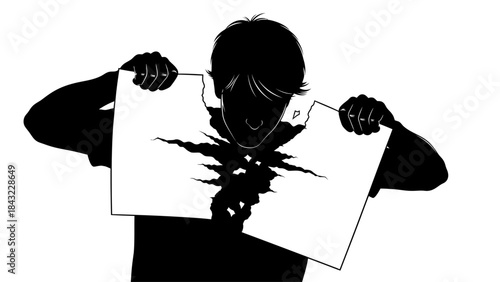 A person holding a torn paper with a dark silhouette against a white background