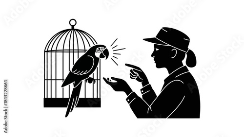 Woman in hat interacting with parrot in cage illustration