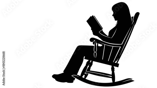 A woman sits relaxed in a rocking chair reading a book