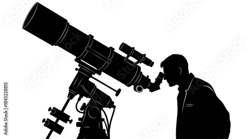 Astronomer Observing the Stars through a Large Telescope in a Dark Environment