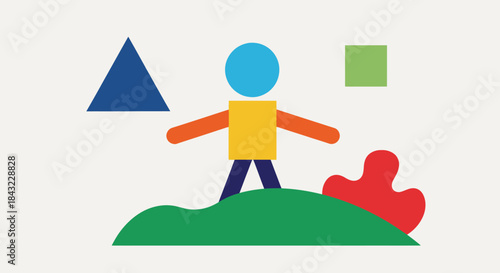 Geometric Person on Green Hill with Shapes, Abstract Illustration.