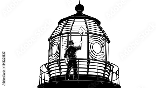 A person is standing inside a lighthouse lantern room with a cage-like structure and Fresnel lens
