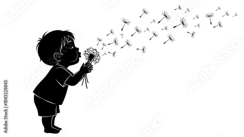 A young child blowing dandelion seeds in a serene outdoor environment from a side viewpoint