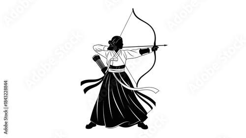 A woman archer in traditional attire shoots a bow and arrow with focus and precision.