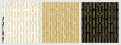 Luxury geometric seamless pattern collection with gold and black art deco arches, elegant retro line ornament vector set for premium wallpaper, corporate branding and textile design