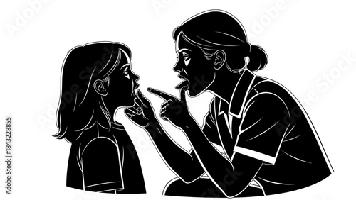 Woman examining a child's face with a concerned expression in a simple illustration