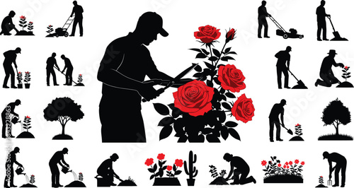 Gardening silhouette vector set with red flowers, people planting, watering, trimming, raking, mowing, and caring for nature outdoors
